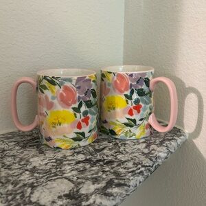 Floral Ceramic Mugs with Pink Handles